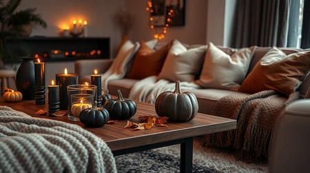Cozy living room with burning candles and pumpkins on wooden tableの写真素材