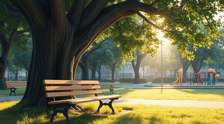 Wooden bench in the park at sunset. 3d rendering.の写真素材