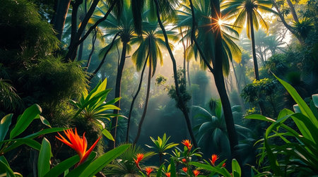 Tropical jungle with palm trees and flowers. Nature background.