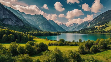panoramic view of alpine lake and mountains in Alps, Austriaの写真素材