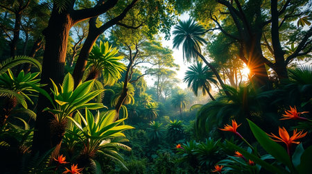 Tropical forest at sunset with sun rays and flowers in the foregroundの写真素材