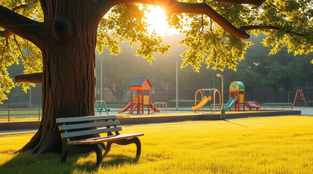 Empty bench and playground in the park at sunset. 3D renderingの写真素材
