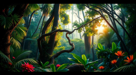 Tropical forest in the morning with sunbeams and fogの写真素材