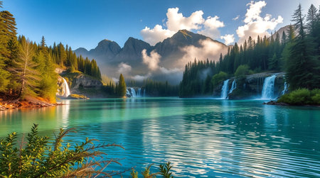 Beautiful mountain lake with crystal clear water and high mountains in background.