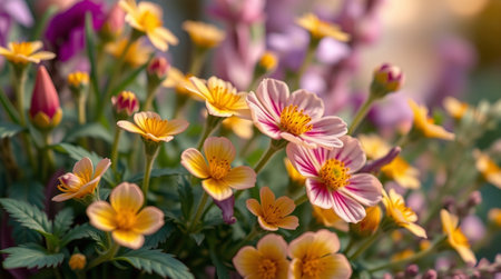 Beautiful yellow and pink flowers in the garden. Selective focus.の写真素材