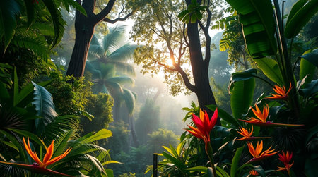 Tropical rainforest with flowers and sunlight in morning time.の写真素材