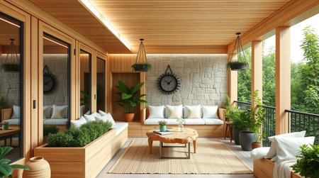 3d rendering of modern living room interior design with wooden furniture.の写真素材