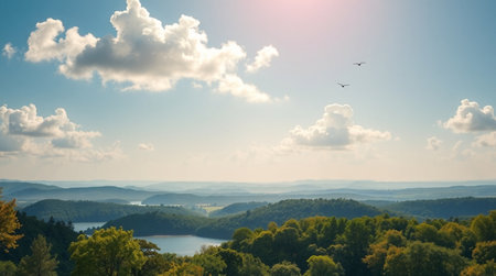 Panoramic view from the top of the mountain to the lake and the forestの写真素材