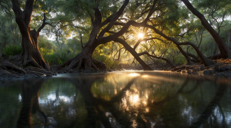 Reflection of trees in the lake at sunset, Crete, Greeceの写真素材