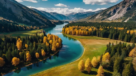 Aerial view of beautiful mountain lake in autumn season. Beautiful nature landscape.の写真素材