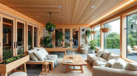 interior of modern house, living room, kitchen, dining areaの写真素材