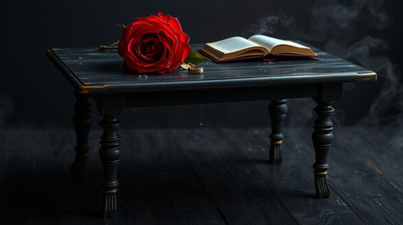 Wooden table with a rose and a book on a black backgroundの写真素材