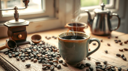Cup of coffee with beans on wooden table near window. Space for textの写真素材