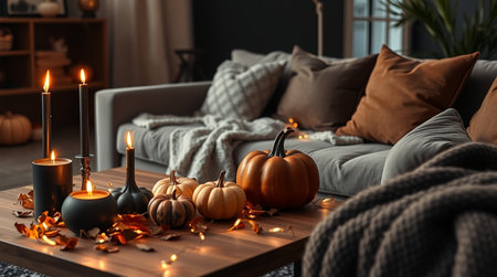 Burning candles and pumpkins on wooden table in cozy living roomの写真素材