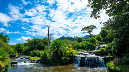 Tropical garden with waterfall on blue sky and white clouds.の写真素材