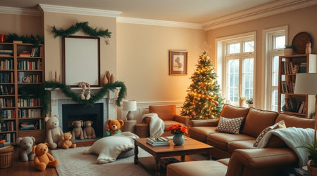 Luxury living room interior with Christmas tree, fireplace and presentsの写真素材