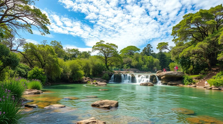 Pine trees and waterfall in botanical garden in Rio de Janeiro, Brazilの写真素材