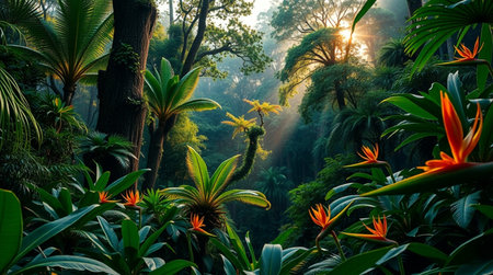 Beautiful tropical garden in the morning with sunbeams and flowersの写真素材