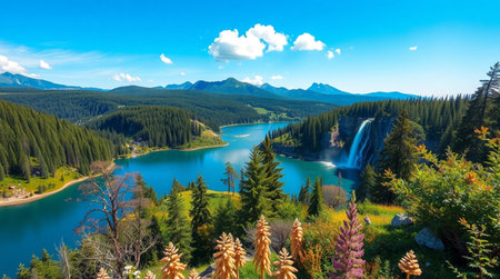 Panoramic view of the emerald lake with a waterfall in the backgroundの写真素材