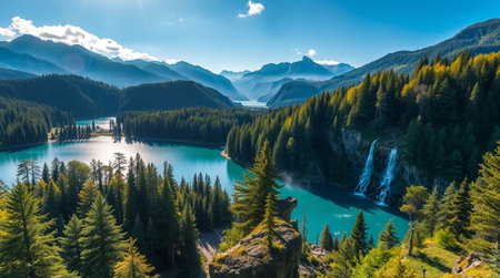 Panoramic view of turquoise lake in the Alps.の写真素材
