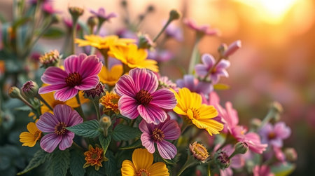 Beautiful blooming zinnia flowers in the garden at sunset