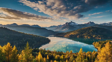 Panoramic view of beautiful autumn alpine lake and mountains.の写真素材