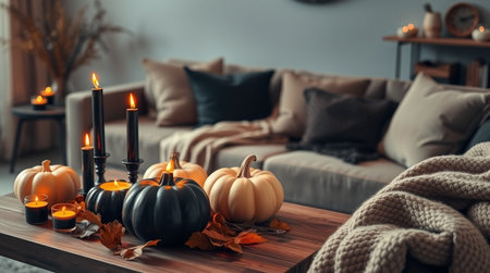 Composition with burning candles and pumpkins on table in living room