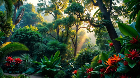 Beautiful tropical garden in the morning with sun rays and mist.