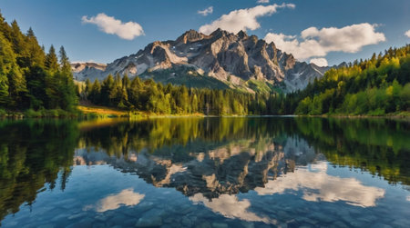 Mountain lake with reflection of mountains in the water. Dolomites, Italyの写真素材