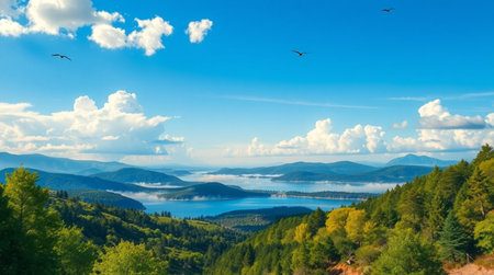 Panoramic view of the lake and mountains on a sunny dayの写真素材