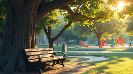 Bench under the tree in the park at sunset. 3d renderingの写真素材