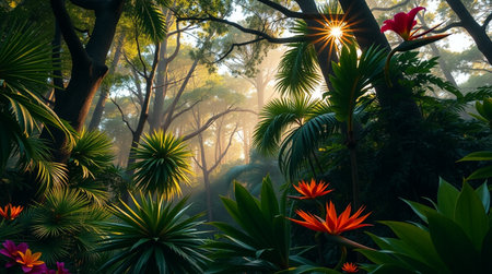 Tropical forest in the morning with sunbeams and flowersの写真素材