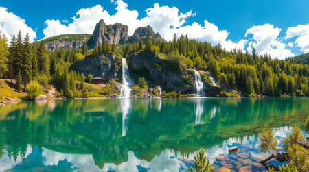 Panoramic view of the beautiful mountain lake in the Dolomites, Italyの写真素材