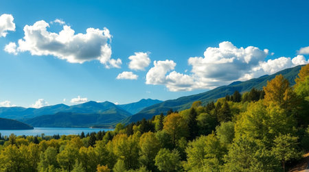 Panoramic view of the lake and mountains in autumn, Siberia, Russiaの写真素材