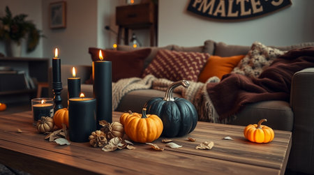 holidays, halloweenration and people concept - close up of pumpkins and candles at homeの写真素材