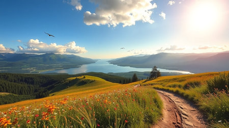 Beautiful panoramic view of the lake and mountains at sunsetの写真素材