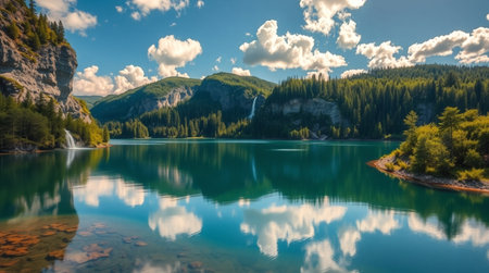 Beautiful alpine lake with crystal clear water and mountains in background