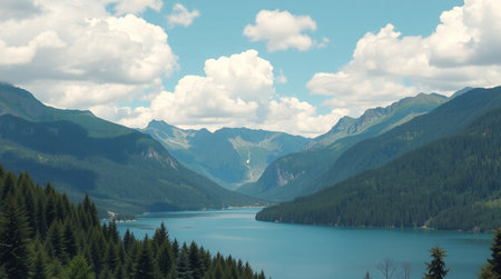 Beautiful mountain lake. Panoramic view of a mountain lake.