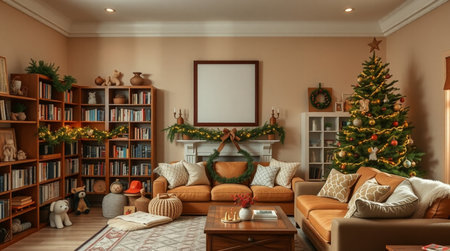 Living room interior with Christmas tree and decorations. 3d render.の写真素材