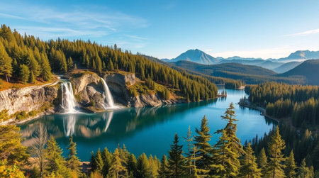 Panoramic view of the lake and waterfall in Banff National Park, Canadaの写真素材