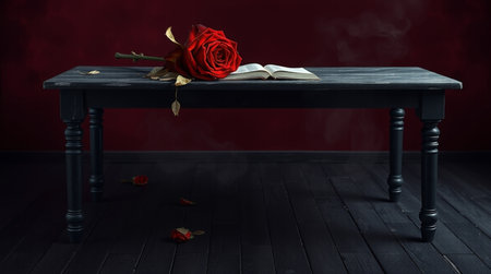 Red rose on a black wooden table with a book in the dark roomの写真素材