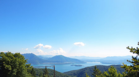 Beautiful landscape with lake and mountains. Panoramic view.