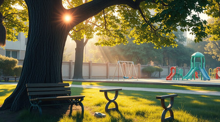 Sunset in the park with trees, benches and children's playground