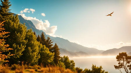 Mountains and lake at sunset. Nature composition. Panoramic view.