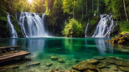 Panoramic view of beautiful waterfall in the forest at sunrise.の写真素材
