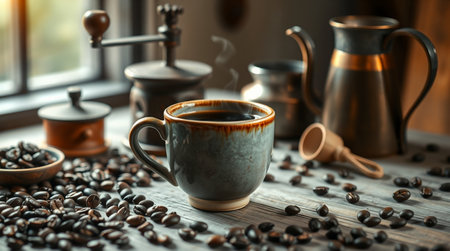 Cup of coffee and coffee beans on wooden table, closeupの写真素材