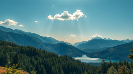 panoramic view of the lake and mountains in the Alps.