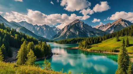 Panoramic view of a mountain lake