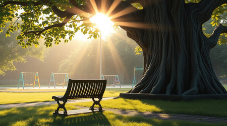 Bench under a tree in the park. 3D render. Sunset