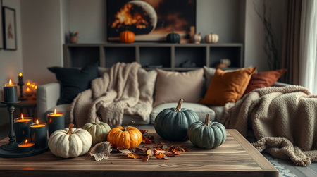 Autumn composition with pumpkins and candles on wooden table in living roomの写真素材